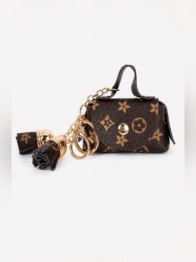 Designer Style Mini Handbag Tassel Keychain Handbag Charm Coin Purse Brown Gold